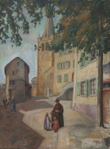 Place de Lens avec M. le Curé, entre 1901 et 1919, 82x61 cm