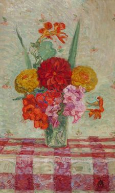 Vase aux zinnias et capucines, 54x33 cm